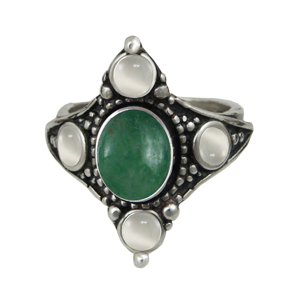 Sterling Silver Renaissance Queen's Ring With Jade And White Moonstone Size 9